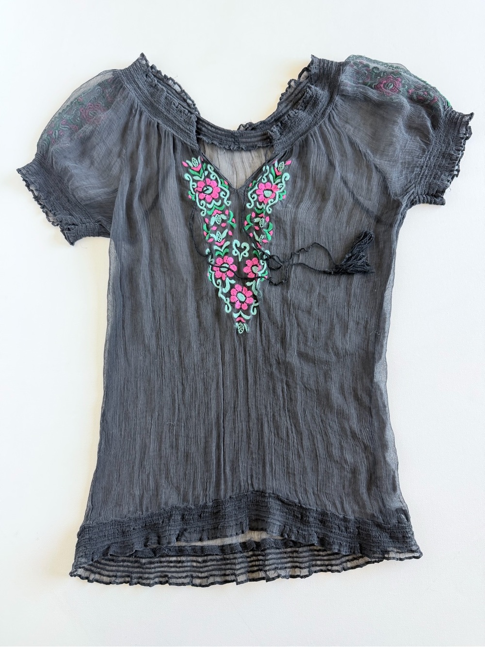 Black Silk Embroidered Sheer Boho Peasant Tunic Blouse Pink Floral No Size - Picture 3 of 8